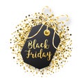 Black Friday sales tag. Black tag with golden glitter isolated on white background.