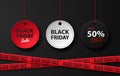 Black friday set of round price tags of red, white and black on a dark background .Vector illustration Royalty Free Stock Photo