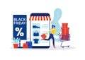 Black friday shop,woman shop online stor, promo purchase marketing illustration Royalty Free Stock Photo