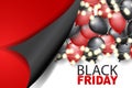 Black Friday shopping banner set. Shiny balloons and glowing lights garland under peeling off wrapping paper. Big sale of the year