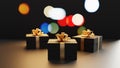 Black Friday shopping concept background with three gift boxes and a bokeh, 3d rendering Royalty Free Stock Photo