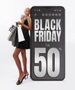 Black Friday shopping online, black woman very happy for purchases made showing credit cards and shopper bags. Isolated on white Royalty Free Stock Photo