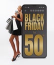 Black Friday shopping online, black woman very happy for purchases made showing credit cards and shopper bags. Isolated on white Royalty Free Stock Photo