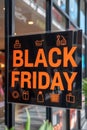 A black friday sign hanging in a store window, AI Royalty Free Stock Photo