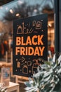 A black friday sign hanging on a window in front of an office building, AI Royalty Free Stock Photo
