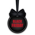 Black Friday sign Sale. Round sticker and bow with ribbon isolated on white background. Vector Royalty Free Stock Photo