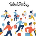 Black Friday square banner. Flat Vector cute illustration of people on the street shopping at the store for sales. Isolated