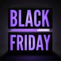 Black friday square vector banner with stylish violet neon light box