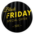 Black Friday sticker or banner. Special offer. Fifty percent off. Dark style. Realistic black curtain background. Vector illustrat Royalty Free Stock Photo