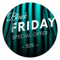 Black Friday sticker or banner. Special offer. Fifty percent off. Realistic neon curtain background. Vector illustration.