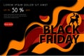 Black Friday Super Mega Sale, Up To 50 Off Concept. Abstract Composition With Black Cat On Colorful Wavy Lines In Dark Royalty Free Stock Photo