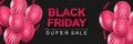 Black Friday super sale banner. Black horizontal background with pink balloons and ribbons. Big seasonal sale discount prices Royalty Free Stock Photo