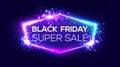 Black friday super sale banner on neon background.
