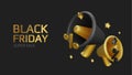 Black Friday super sale. Promo background with realistic 3d cartoon style elements, black megaphone, percent symbols Royalty Free Stock Photo