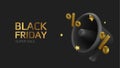 Black Friday super sale. Promo background with realistic 3d cartoon style elements, black megaphone, percent symbols Royalty Free Stock Photo