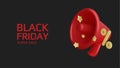 Black Friday super sale. Promo background with realistic 3d cartoon style elements, red megaphone, percent symbols Royalty Free Stock Photo