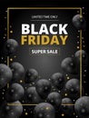 Black Friday super sale template for a vertical advertising poster, flyer or banner. Realistic 3d shiny dark balls in gold frame Royalty Free Stock Photo