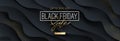 Black friday template design with black fluid wavy layered shape and golden halftone.