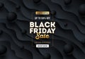 Black friday template design with black fluid wavy layered shape and black spheres. Design for black friday banner, poster, flyer,