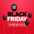 Black friday typography text with dark black balloon decoration on red velvet studio backdrop. Modern creative social media poster Royalty Free Stock Photo