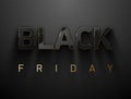 Black Friday vector banner. Glossy black volume text thin golden frame on dark gray finely patterned texture background. Glass Royalty Free Stock Photo