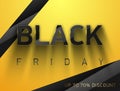 Black Friday expressive vector banner. Glossy black volume text thin golden frame on yellow background. Glass effect reflection Royalty Free Stock Photo