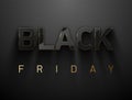 Black Friday vector banner. Glossy black volume text thin golden frame on dark gray finely patterned texture background. Glass