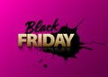 Black Friday vector text on pink background. Golden volume text on black inkblot. Paint spot with reflection. Sale web banner