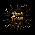 Black Friday vector vintage illustration. Sign with firework explosion. Stamp textured label with light rays and the