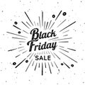 Black Friday vector vintage illustration. Sign with firework explosion. Stamp textured label with light rays and the