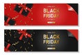 Black friday vertical sale banner set with realistic gift box and ribbon text on background. Vector illustration Royalty Free Stock Photo