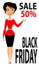 Black Friday. Young attractive smiling woman showing discount