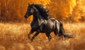 Black Friesian horse runs gallop on the trees background in autumn Royalty Free Stock Photo