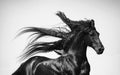 Black friesian stallion cantering with his mane isolated on white background