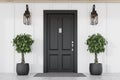 Black front door of white house with trees