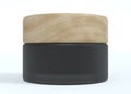 Black frosted cosmetic cream jar with wooden lid, beauty and care product packaging 3D render mockup