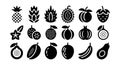 Black fruit and silhouettes on white background including pineapple starfruit black fruit silhouettes Royalty Free Stock Photo
