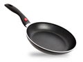 Black Fry Pan Isolated Over White Background With Copy Space. Clipping Path. Close Up One Clean Steel Used Iron Frying Pan Object