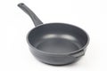 Black frying pan with non-stick teflon coating on white background