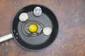 Black frying pan with raw broken egg and eggshell with emotion drawing on a rusty background Royalty Free Stock Photo