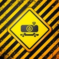 Black Fuel tanker truck icon isolated on yellow background. Gasoline tanker. Warning sign. Vector