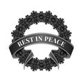 Black Funeral wreath with Rest in peace label in ribbon roll around vector design