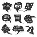 Black funky cartoon retro style quotes in odd shapes speech bubbles set design elements on white