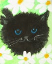 Black funny cat with daisy flowers