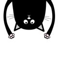 Black funny cat Head silhouette hanging upside down. Crazy eyes, teeth, tongue, hands. Cute cartoon character Baby collection. Hap