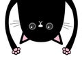 Black funny cat Head silhouette hanging upside down. Two eyes, teeth, tongue, hands. Cute cartoon character Baby collection. Happy Royalty Free Stock Photo