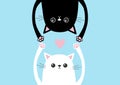 Black funny cat Head silhouette hanging upside down. White kitten hands up. Pink heart Love card. Eyes, paw print. Cute cartoon ch Royalty Free Stock Photo