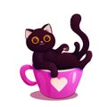 Black funny cat in pink cup with heart, cute cartoon character waving pet. Adorable love card, kitten in mug. Royalty Free Stock Photo