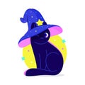 Black funny cute cartoon cat wearing a magic witch hat. A familiar is a wizard's assistant. Halloween stickers. Neon Royalty Free Stock Photo