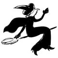 Black funny witch silhouette in dress, hat, cloak is flying on a broomstick